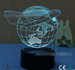 Led night light owl 3D table lamp can touch colorful (Option: Airplane earth-Three tone light 4W)