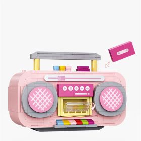 Small Particle Building Blocks Pink Mini Tape Recorder Model Inserting Building Blocks (Color: Pink)