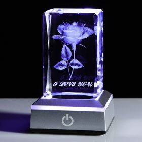 Crystal Laser Carved Rose Crystal Crafts Ornaments (Option: Single Rose-Plus Square Silver LED Light)