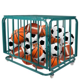 Foldable Mental Sports Ball Storage Cart Rolling Ball Cart with Lid and Wheels Large Capacity Basketballs Organizer for Gym, School, Club, Indoor and (Color: Green)