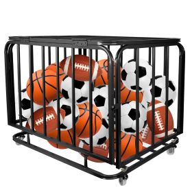 Foldable Mental Sports Ball Storage Cart Rolling Ball Cart with Lid and Wheels Large Capacity Basketballs Organizer for Gym, School, Club, Indoor and (Color: Black)