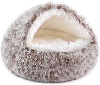 Cat Bed Round Soft Plush Burrowing Cave Hooded Cat Bed Donut for Dogs & Cats, Faux Fur Cuddler Round Comfortable Self Warming pet Bed, Machine Washabl (Color: Beige, size: 20'' for cat up to 11lbs)