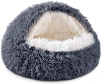 Cat Bed Round Soft Plush Burrowing Cave Hooded Cat Bed Donut for Dogs & Cats, Faux Fur Cuddler Round Comfortable Self Warming pet Bed, Machine Washabl (Color: Gray, size: 20'' for cat up to 11lbs)